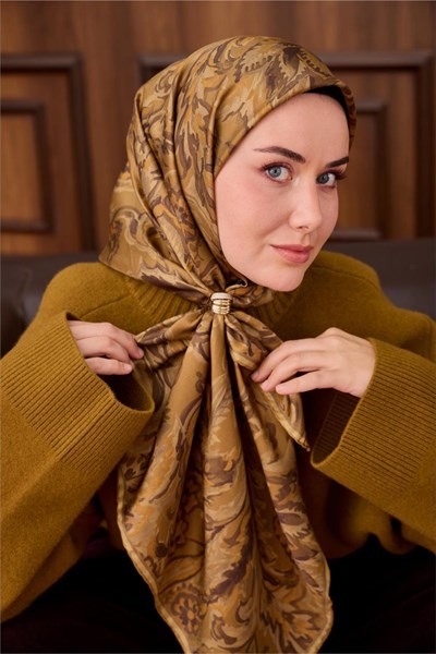 Twill İpek Eşarp Olive-Haki Desenli Tok Duruşlu 90x90