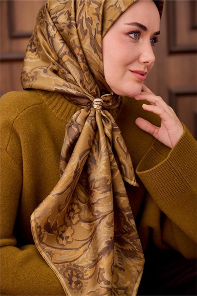 Twill İpek Eşarp Olive-Haki Desenli Tok Duruşlu 90x90