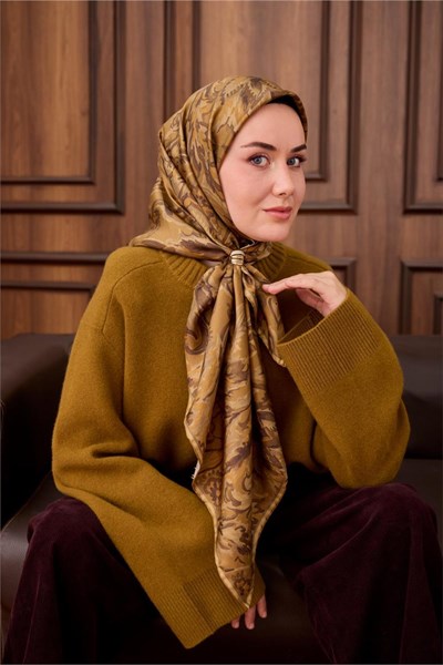 Twill İpek Eşarp Olive-Haki Desenli Tok Duruşlu 90x90