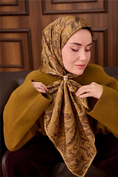 Twill İpek Eşarp Olive-Haki Desenli Tok Duruşlu 90x90