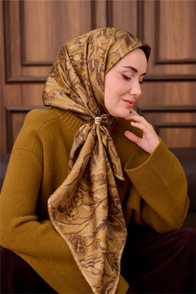 Twill İpek Eşarp Olive-Haki Desenli Tok Duruşlu 90x90