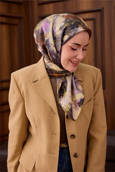 Twill İpek Eşarp Olive-Lila Desenli Tok Duruşlu 90x90