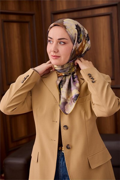 Twill İpek Eşarp Olive-Lila Desenli Tok Duruşlu 90x90
