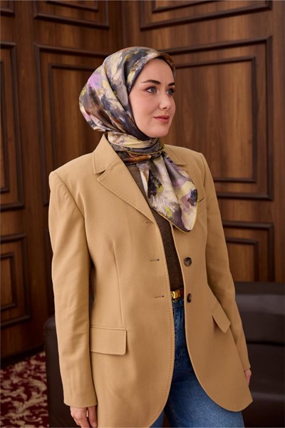 Twill İpek Eşarp Olive-Lila Desenli Tok Duruşlu 90x90