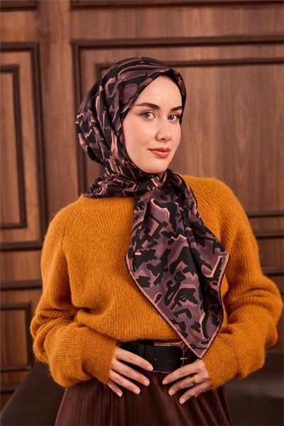 Twill İpek Eşarp Pastel Mor–Siyah–Soğan Kabuğu Desenli Tok Duruşlu 90x90
