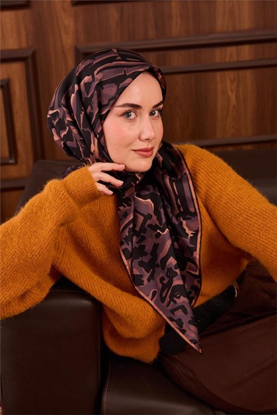 Twill İpek Eşarp Pastel Mor–Siyah–Soğan Kabuğu Desenli Tok Duruşlu 90x90