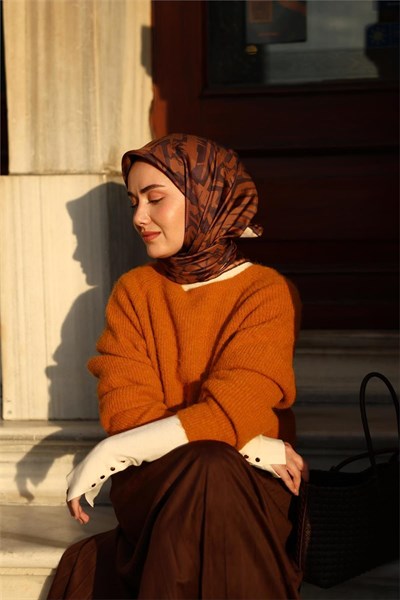 Twill İpek Eşarp Pastel Mor–Soğan Kabuğu–Taba Desenli Tok Duruşlu 90x90