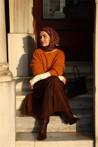 Twill İpek Eşarp Pastel Mor–Soğan Kabuğu–Taba Desenli Tok Duruşlu 90x90