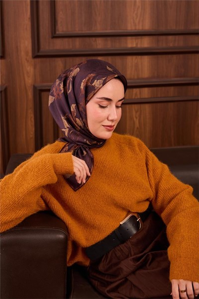 Twill İpek Eşarp Patlıcan Moru Çiçek Desenli Tok Duruşlu 90x90