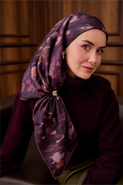 Twill İpek Eşarp Patlıcan Moru-Mürdüm Desenli Tok Duruşlu 90x90