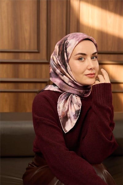 Twill İpek Eşarp Pembe-Pudra Desenli Tok Duruşlu 90x90