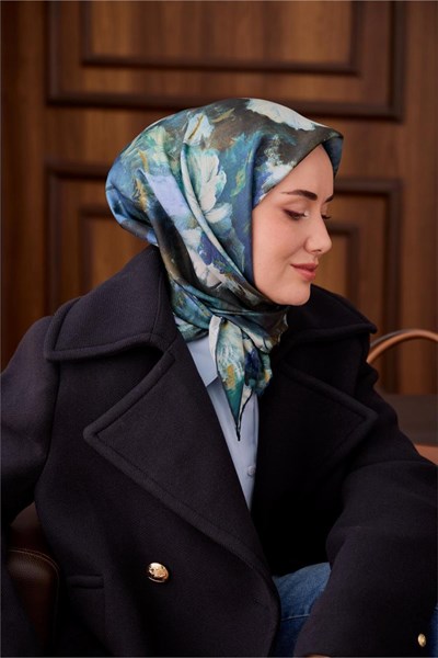 Twill İpek Eşarp Petrol Mavi-Yeşil Desenli Tok Duruşlu 90x90