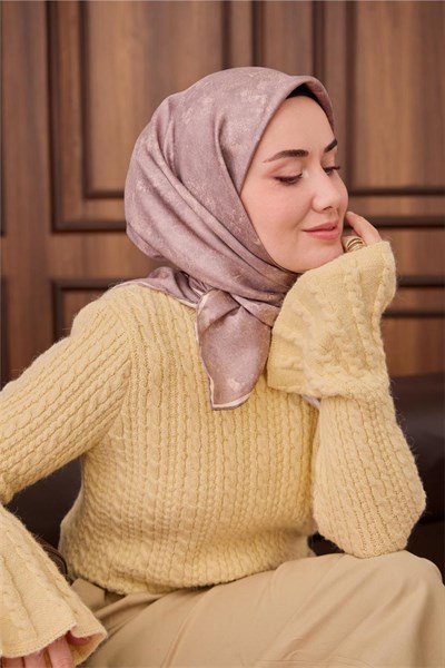 Twill İpek Eşarp Pudra Vizon Tonlu Desenli Tok Duruşlu 90x90