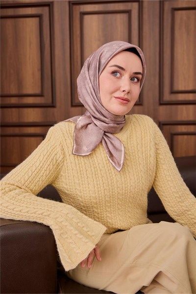 Twill İpek Eşarp Pudra Vizon Tonlu Desenli Tok Duruşlu 90x90