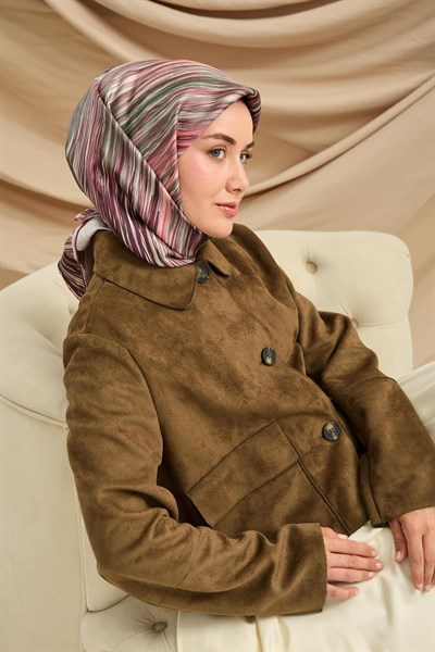 Twill İpek Eşarp Pudra-Yeşil Tonlu Kaymaz Tok Duruşlu Kumaş 90x90