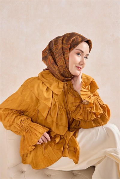 Twill İpek Eşarp Royale Şal Desen Çikolata Kahve 9
