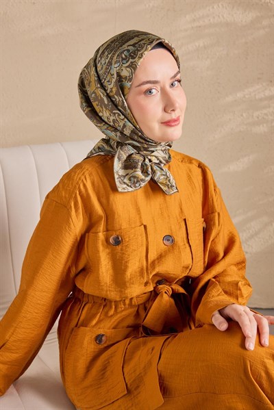 Twill İpek Eşarp Royale Şal Desen Kahve Yeşil 90x9