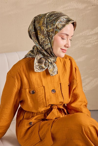 Twill İpek Eşarp Royale Şal Desen Kahve Yeşil 90x9