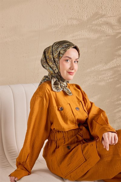 Twill İpek Eşarp Royale Şal Desen Kahve Yeşil 90x9