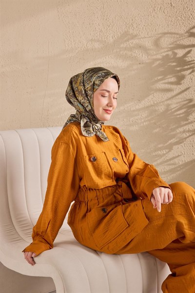 Twill İpek Eşarp Royale Şal Desen Kahve Yeşil 90x9