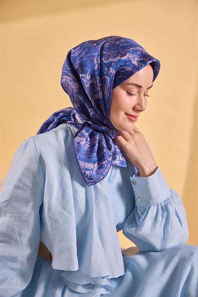 Twill İpek Eşarp Royale Şal Desen Koyu Mavi 90x90