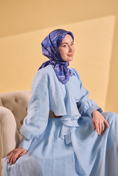 Twill İpek Eşarp Royale Şal Desen Koyu Mavi 90x90