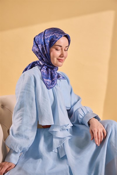 Twill İpek Eşarp Royale Şal Desen Koyu Mavi 90x90