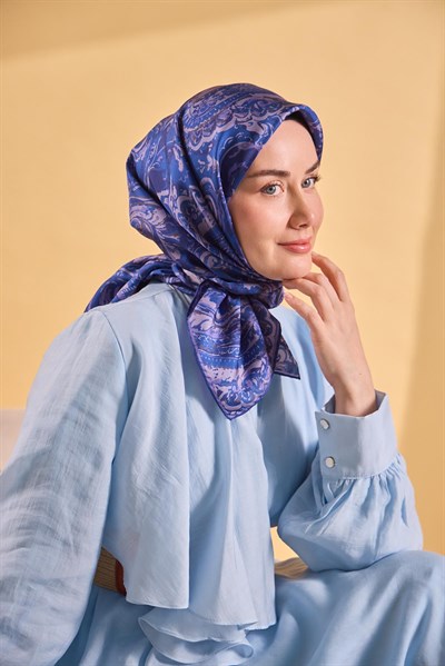 Twill İpek Eşarp Royale Şal Desen Koyu Mavi 90x90