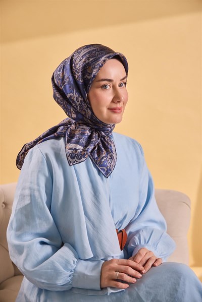 Twill İpek Eşarp Royale Şal Desen Lacivert 90x90