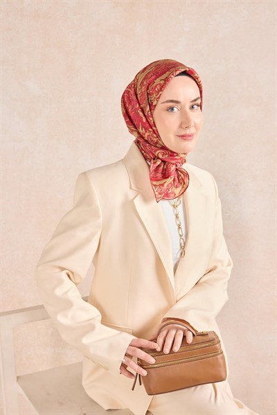 Twill İpek Eşarp Royale Şal Desen Pembe-Kırmızı 90