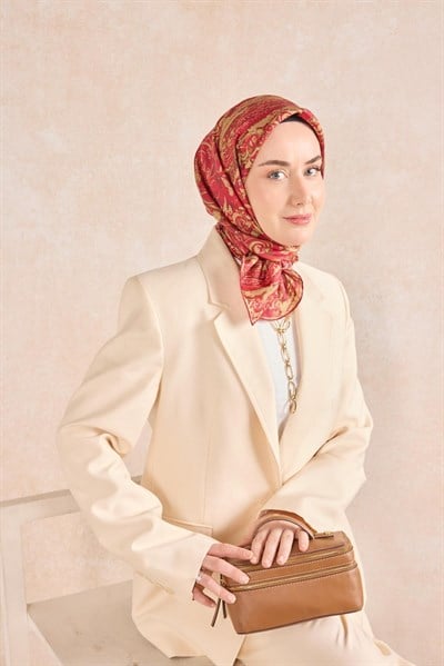 Twill İpek Eşarp Royale Şal Desen Pembe-Kırmızı 90