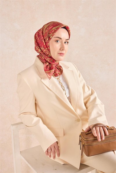 Twill İpek Eşarp Royale Şal Desen Pembe-Kırmızı 90
