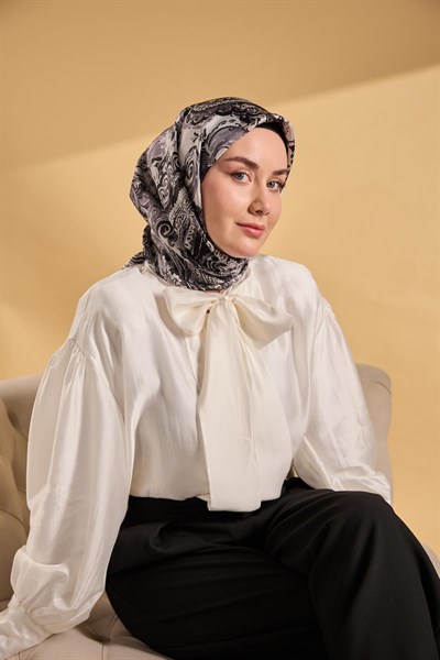 Twill İpek Eşarp Royale Şal Desen Siyah 90x90