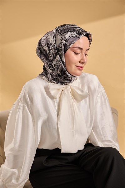 Twill İpek Eşarp Royale Şal Desen Siyah 90x90