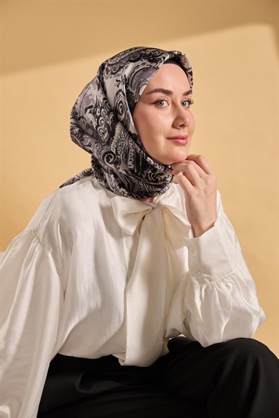 Twill İpek Eşarp Royale Şal Desen Siyah 90x90