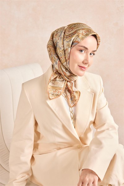 Twill İpek Eşarp Royale Şal Desen Taş 90x90