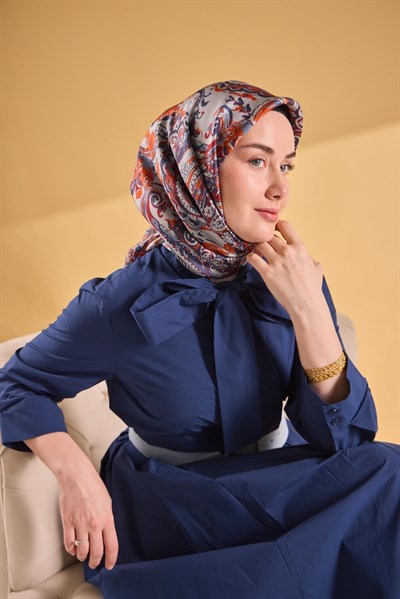 Twill İpek Eşarp Royale Şal Desen Turuncu 90x90