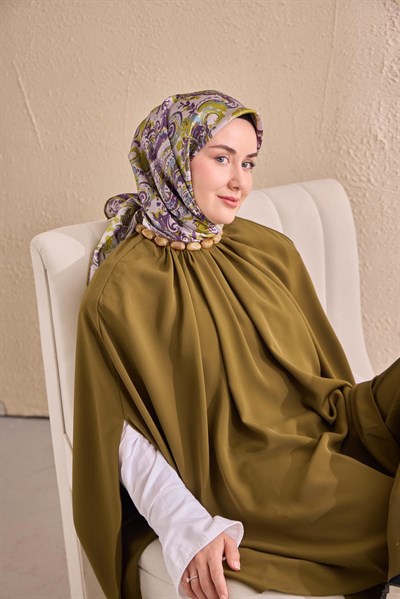 Twill İpek Eşarp Royale Şal Desen Yağ Yeşili 90x90