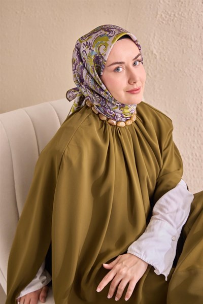 Twill İpek Eşarp Royale Şal Desen Yağ Yeşili 90x90