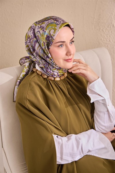 Twill İpek Eşarp Royale Şal Desen Yağ Yeşili 90x90