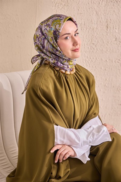 Twill İpek Eşarp Royale Şal Desen Yağ Yeşili 90x90