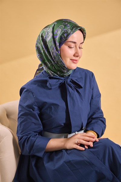 Twill İpek Eşarp Royale Şal Desen Yeşil 90x90