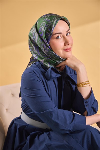Twill İpek Eşarp Royale Şal Desen Yeşil 90x90