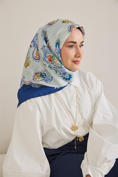 Twill İpek Eşarp Şal Desen Bebe Mavi 90x90