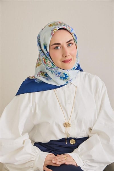 Twill İpek Eşarp Şal Desen Bebe Mavi 90x90