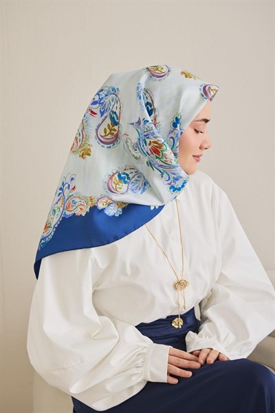 Twill İpek Eşarp Şal Desen Bebe Mavi 90x90