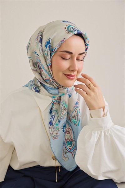 Twill İpek Eşarp Şal Desen Ekru 90x90