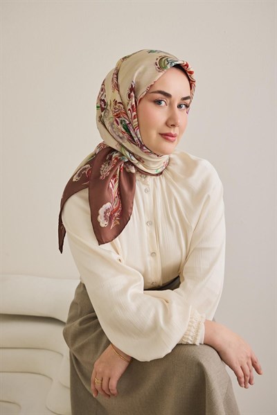Twill İpek Eşarp Şal Desen Fildişi 90x90
