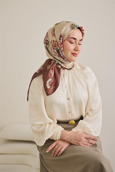 Twill İpek Eşarp Şal Desen Fildişi 90x90