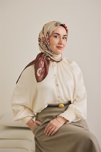 Twill İpek Eşarp Şal Desen Fildişi 90x90